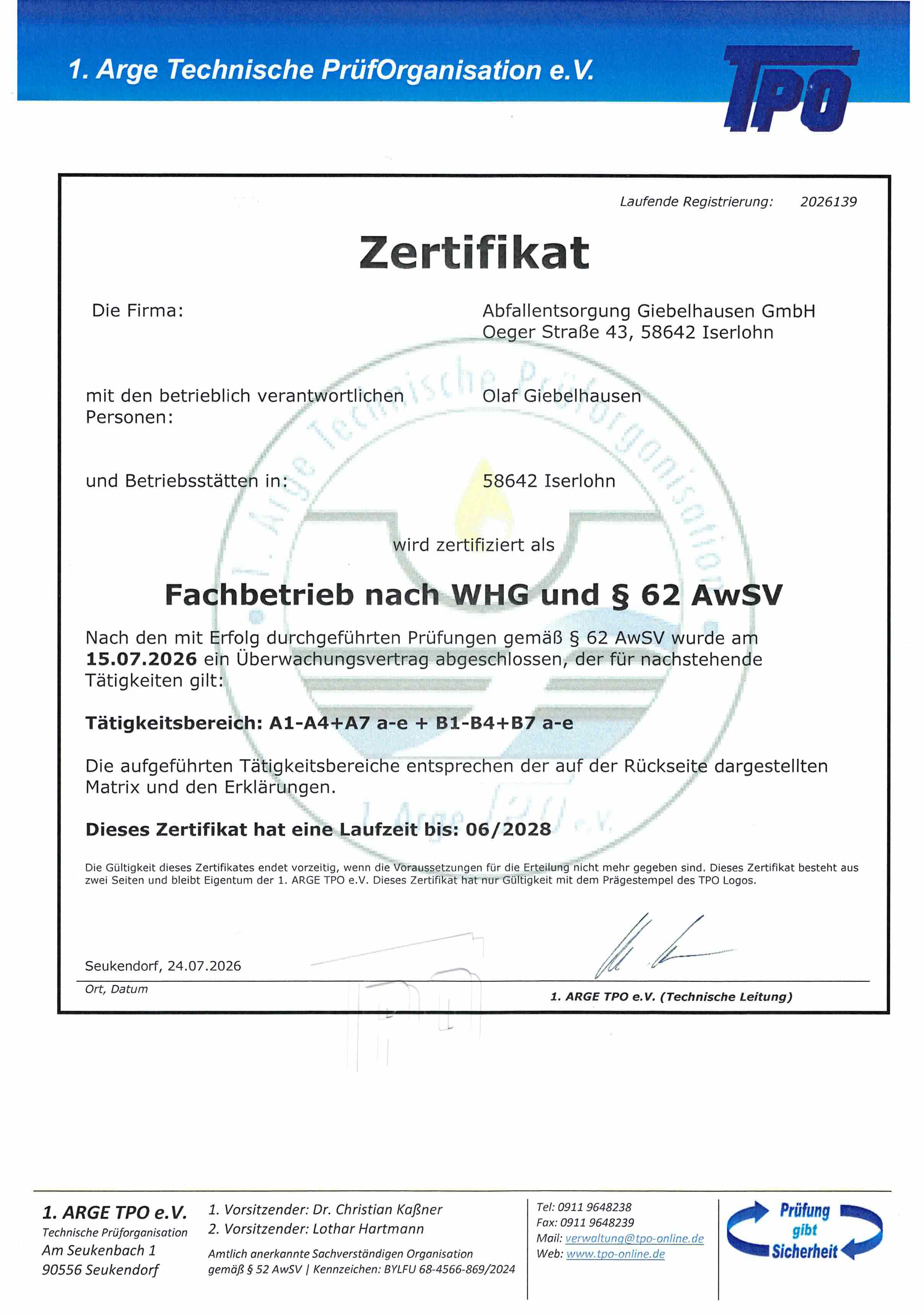 Fachbetriebsnachweis der Olaf Giebelhausen GmbH