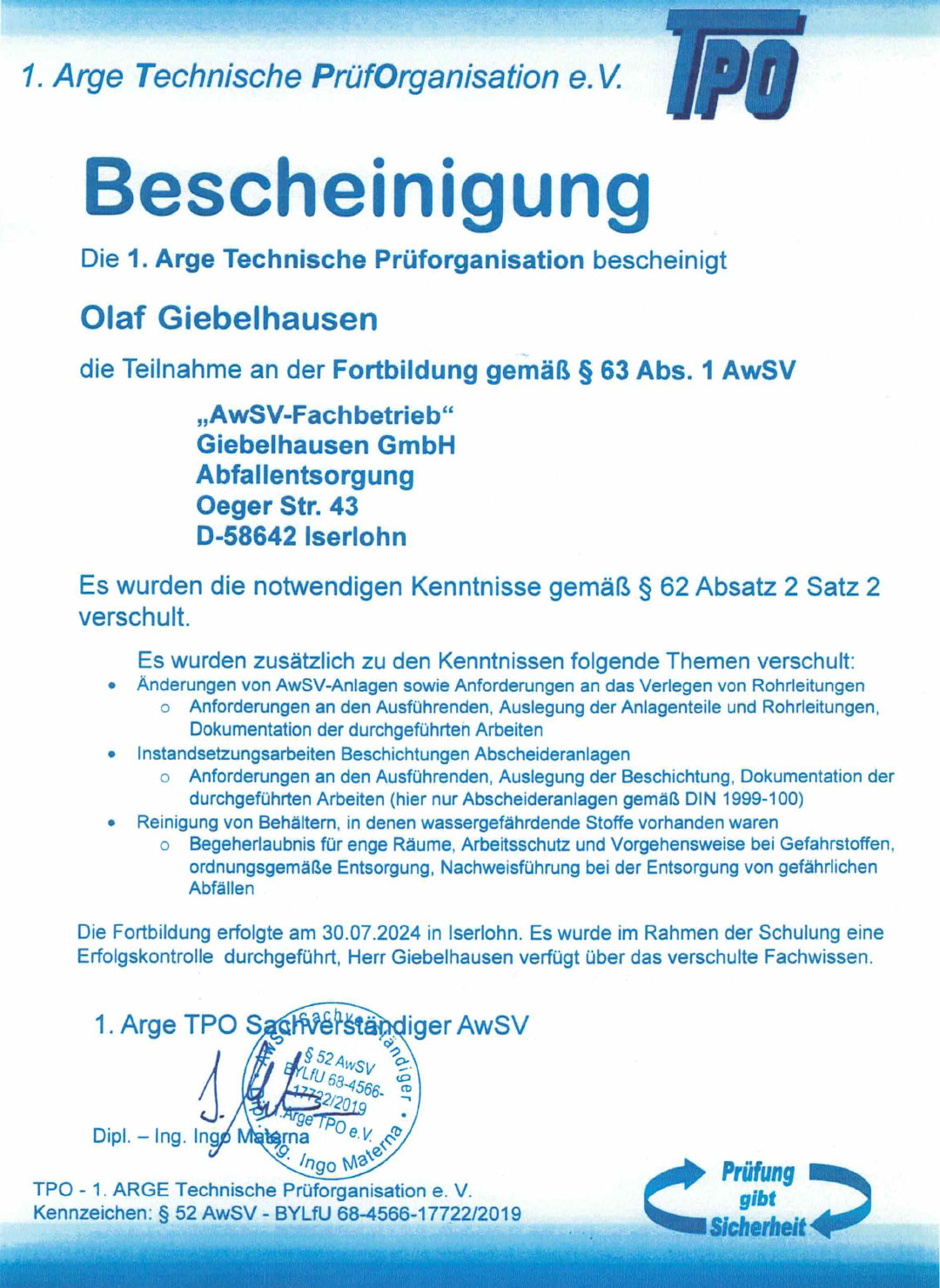 Bescheinigung TPO